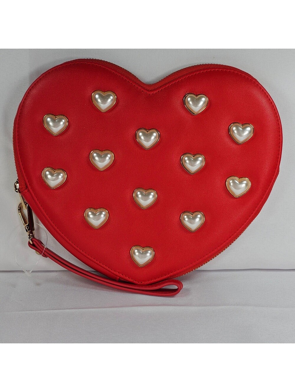 Cato Red Heart Wristlet Clutch Bag Faux Pearl Heart Studs Polka Dot Lining